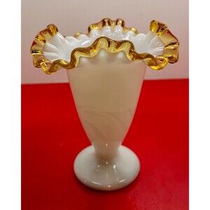 Fenton Gold Crest Trumpet Vase White Milk Glass Crimped Ruffled Rim 6-1/4"